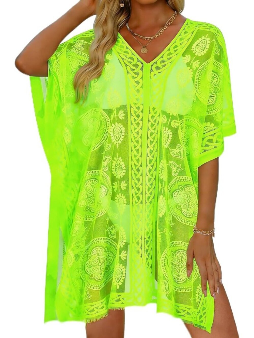 〽️Women Neon Green V Neck Beach Loose Bikini Lace Bathing Suit Polyester CoverUp